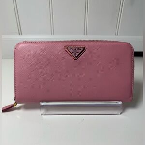 Prada Women’s Pink Saffiano Triangle Leather Round Zip Long Wallet